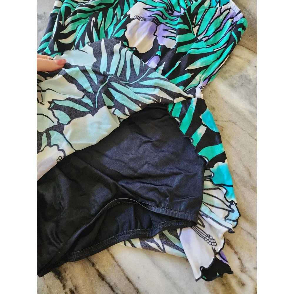Vintage Robby Len Tropical Floral Swimdress One Piece Teal Purple USA Made